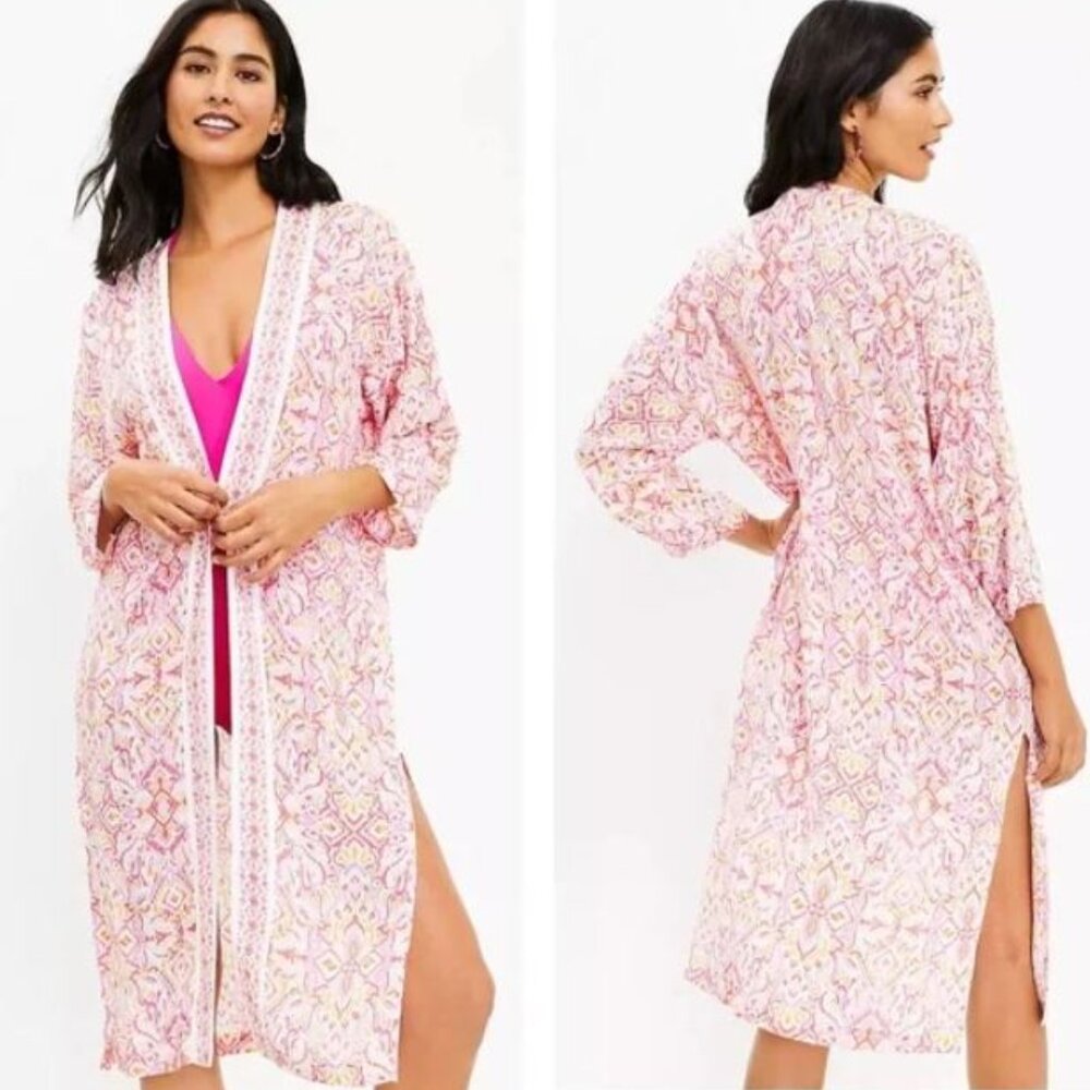 NWT LOFT Multicolor Ikat Print Beach Kimono Duster Open Front Side Slits Coastal